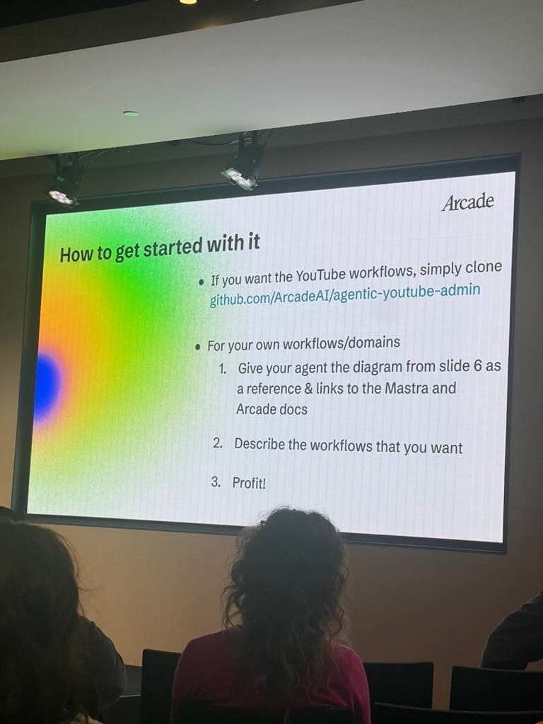A speaker presenting at the Mastra SF event