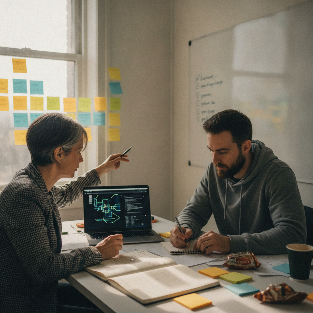 A senior engineer and a founder review code and deployment notes together in a meeting room.