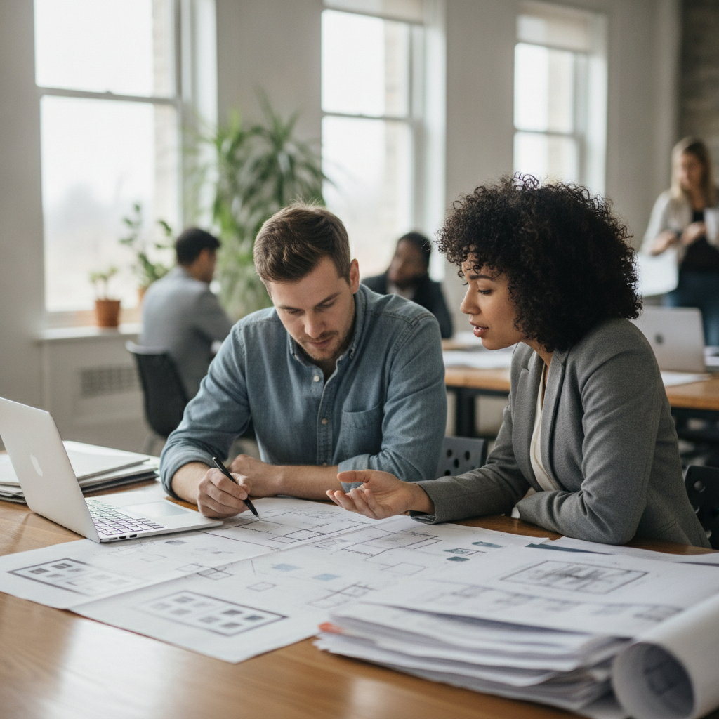 A technical lead and client review the existing codebase and architecture together.