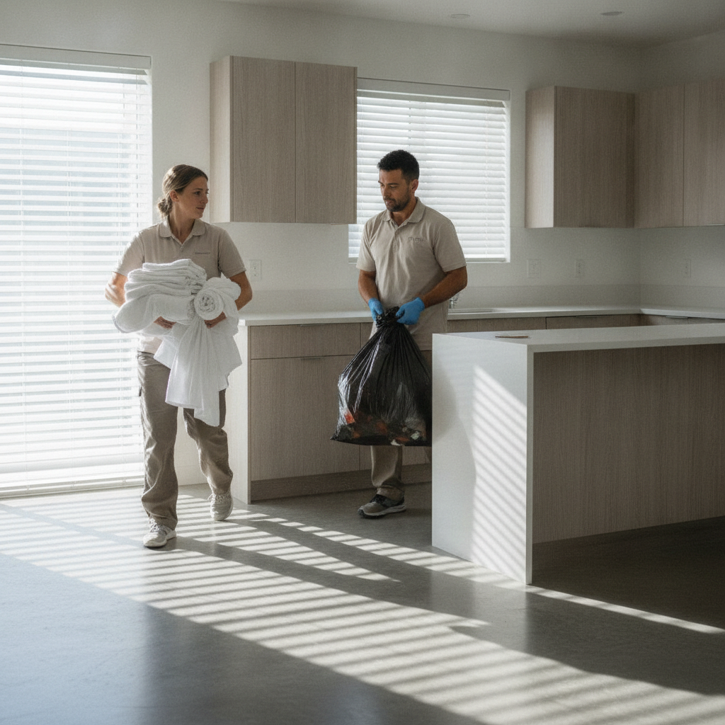 Two staff members preparing a vacation rental between guests.