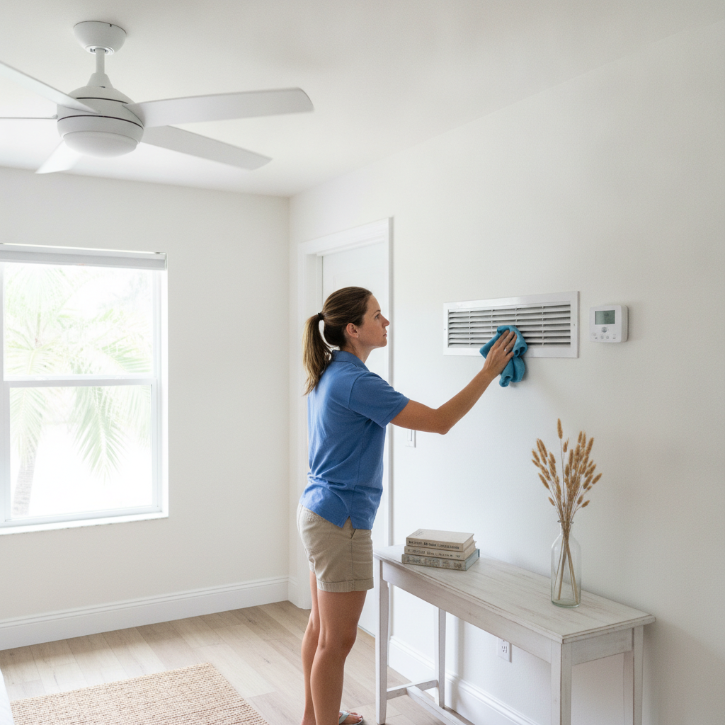A cleaner inspecting HVAC details in a Tampa Bay vacation rental.