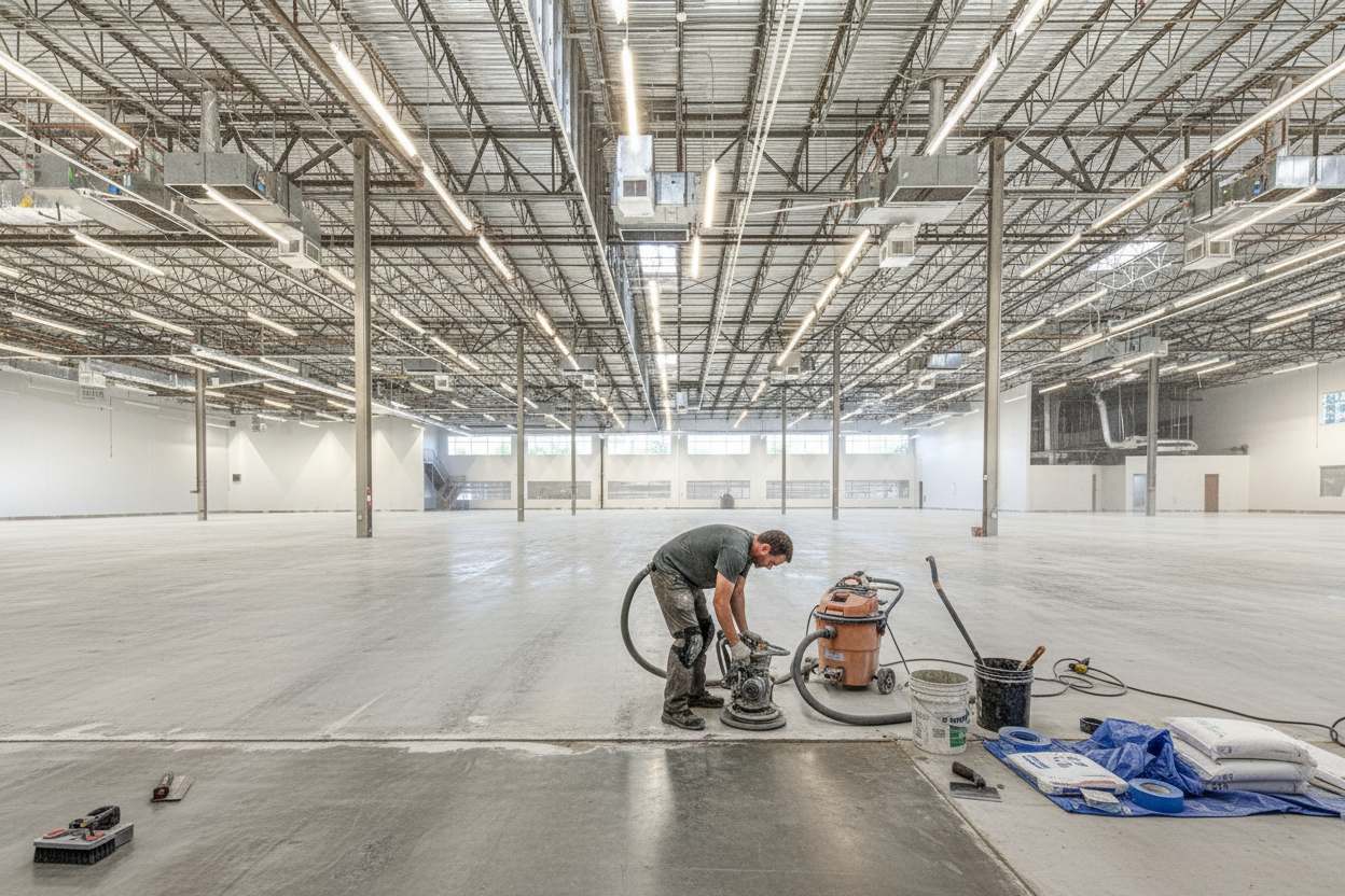 A flooring installer prepares a concrete garage slab with grinding equipment and repair materials.