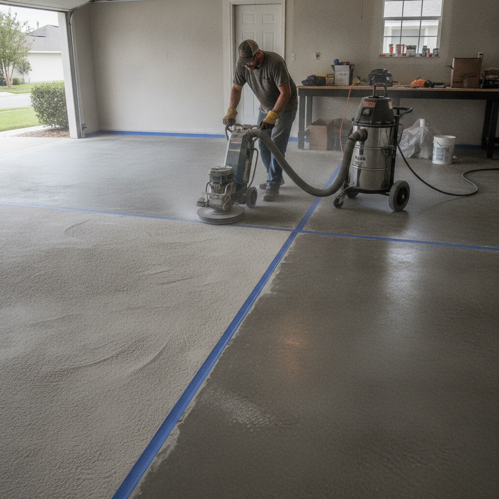 A contractor grinds a garage concrete floor during surface preparation.