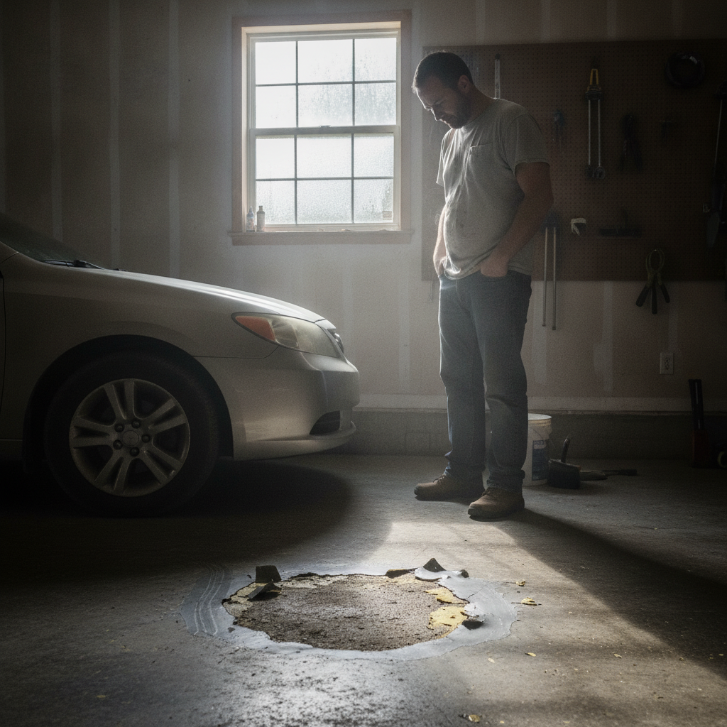 A homeowner looks at a peeling garage floor coating in a humid garage.